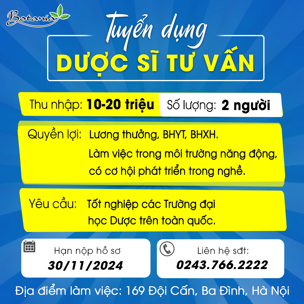 Công ty Botania tuyển dụng dược sĩ tư vấn